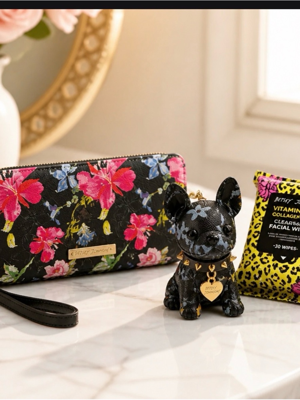 Betsey Johnson Black Floral Wristlet with Pink & Blue Flowers & bundle items